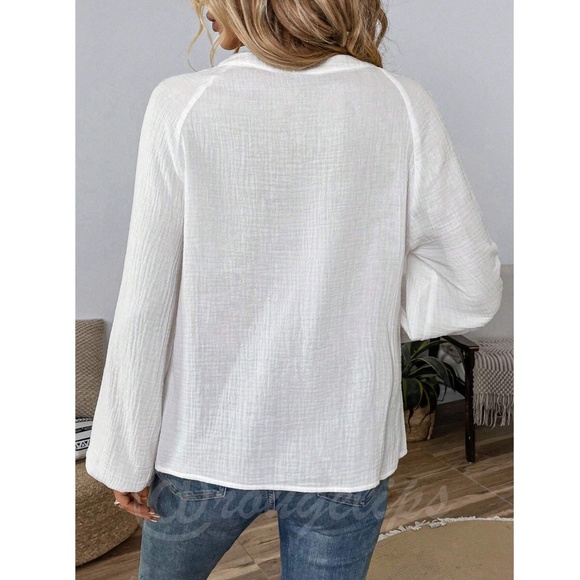 100% Cotton Embroidered White Long Sleeve Shirt V-Neck - Picture 5 of 14
